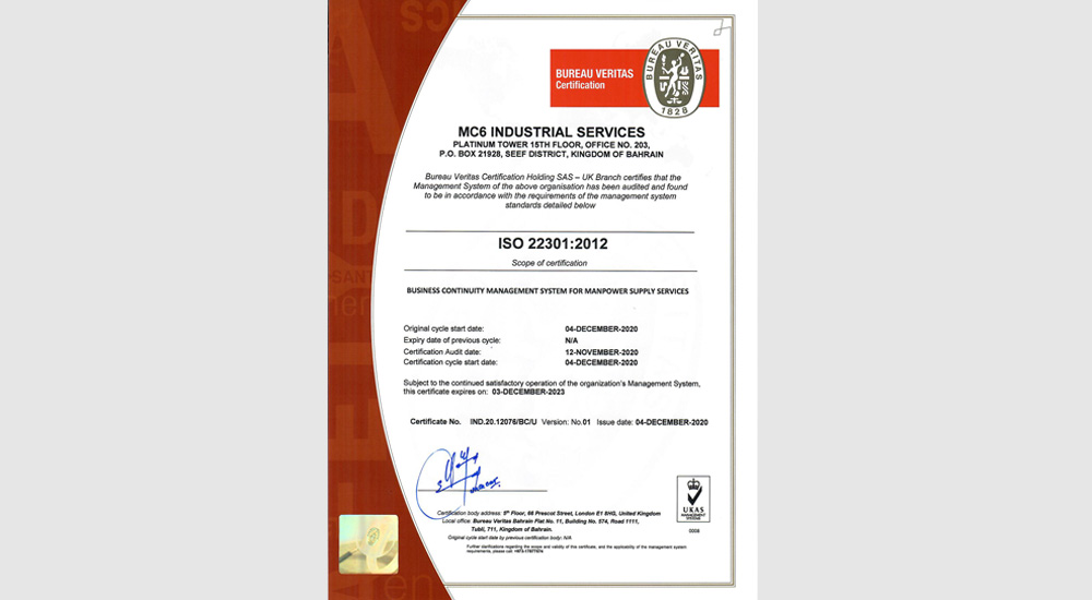 ISO 22301:2012 Business Continuity Management System For Manpower Supply Services