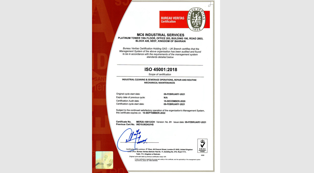 ISO 45001:2018 Industrial Cleaning Sewerage Operations, Repair And Routine Mechanical Maintenance